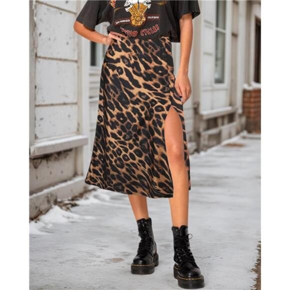 Womens Satin Midi Skirt High Waisted Side Slit A Line Leopard Print Long Skirt - Picture 2 of 7